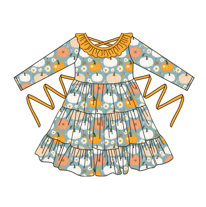 5.10 Preorder moq 5 Baby Girls Long Sleeves Flowers Pumpkins With Belt Ruffle Knee Length Dresses