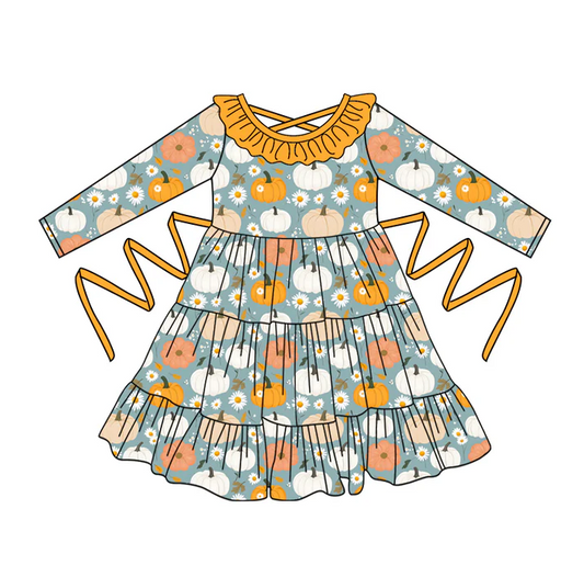 5.10 Preorder moq 5 Baby Girls Long Sleeves Flowers Pumpkins With Belt Ruffle Knee Length Dresses