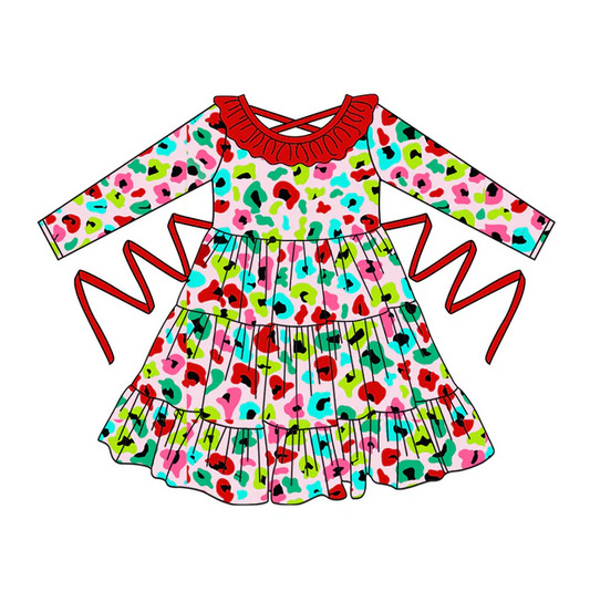 5.10 Preorder moq 5 Baby Girls Long Sleeves Colorful Leopard With Belt Ruffle Knee Length Dresses
