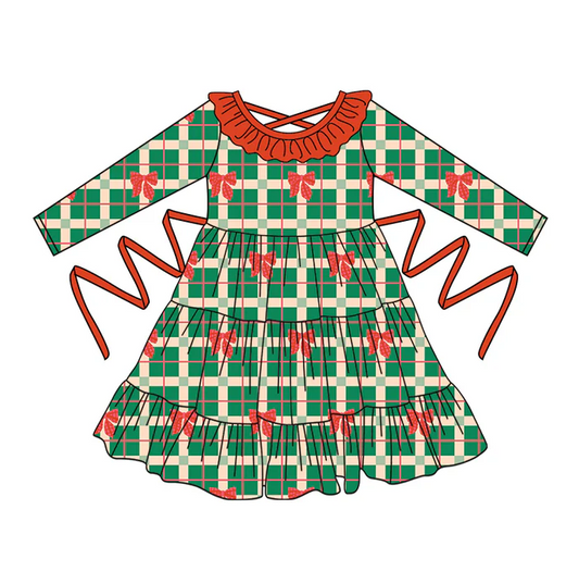 5.10 Preorder moq 5 Baby Girls Green Plaid Long Sleeves Red Bows With Belt Ruffle Knee Length Dresses
