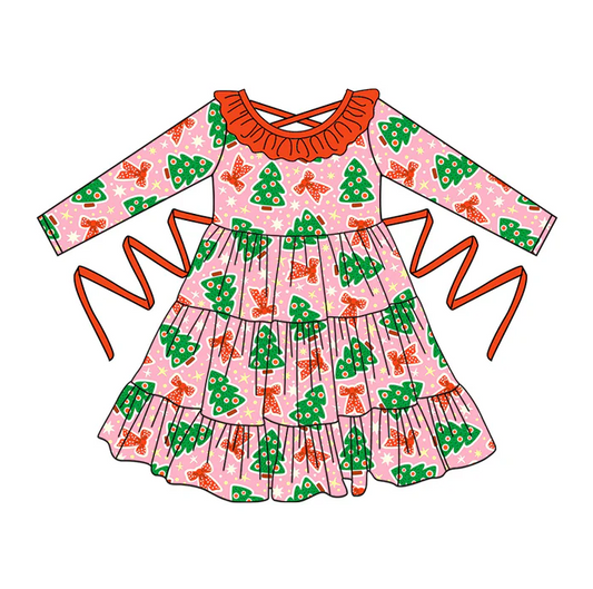 5.10 Preorder moq 5 Baby Girls Pink Long Sleeves Bows Trees With Belt Ruffle Knee Length Dresses