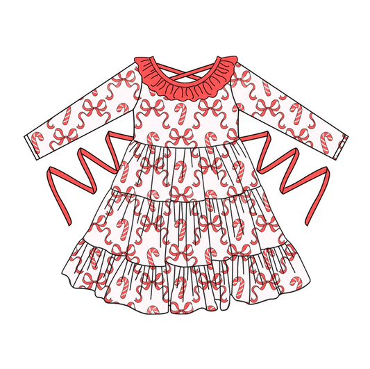5.10 Preorder moq 5 Baby Girls Long Sleeves Red Bows Candy Cane With Belt Ruffle Knee Length Dresses