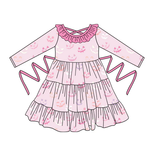 5.10 Preorder moq 5 Baby Girls Pink Long Sleeves Ghosts Smiles With Belt Ruffle Knee Length Dresses