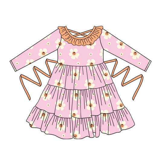 5.10 Preorder moq 5 Baby Girls Pink Long Sleeves Smiles Flowers With Belt Ruffle Knee Length Dresses