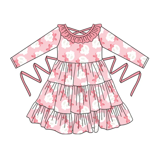 5.10 Preorder moq 5 Baby Girls Pink Long Sleeves Bows Ghosts With Belt Ruffle Knee Length Dresses