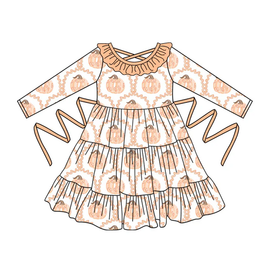 5.10 Preorder moq 5 Baby Girls Long Sleeves Pumpkins Plaid With Belt Ruffle Knee Length Dresses