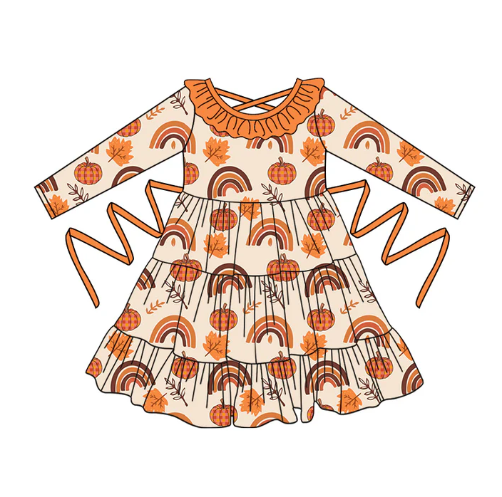 5.10 Preorder moq 5 Baby Girls Long Sleeves Rainbows Pumpkins With Belt Ruffle Knee Length Dresses