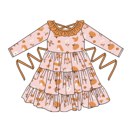 5.10 Preorder moq 5 Baby Girls Pink Long Sleeves Leaves Pumpkins With Belt Ruffle Knee Length Dresses