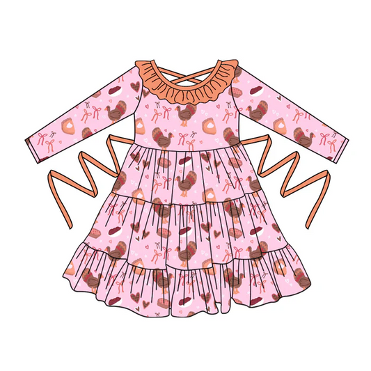 5.10 Preorder moq 5 Baby Girls Pink Long Sleeves Chicks Bows With Belt Ruffle Farm Knee Length Dresses
