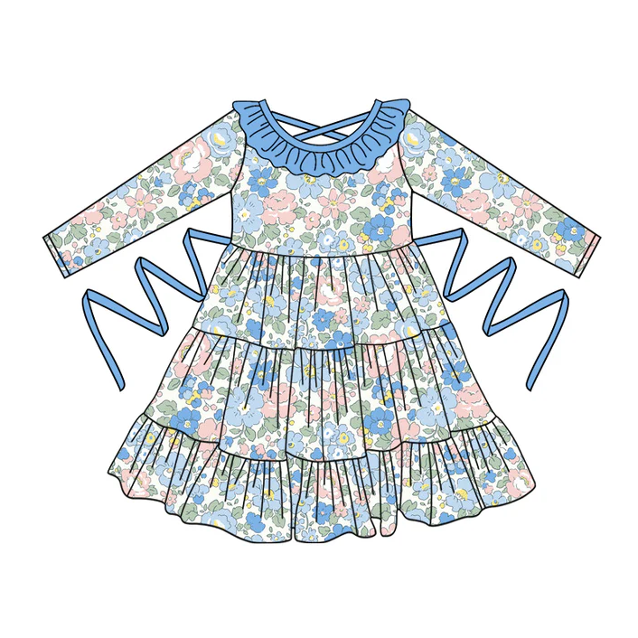 5.10 Preorder moq 5 Baby Girls Long Sleeves Blue Floral With Belt Ruffle Knee Length Dresses
