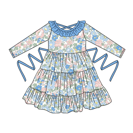 5.10 Preorder moq 5 Baby Girls Long Sleeves Blue Floral With Belt Ruffle Knee Length Dresses