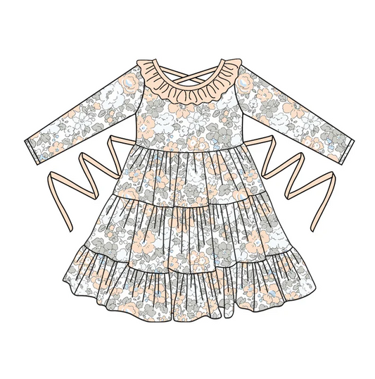 5.10 Preorder moq 5 Baby Girls Long Sleeves Creamy White Floral With Belt Ruffle Knee Length Dresses
