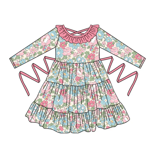 5.10 Preorder moq 5 Baby Girls Long Sleeves Peach Blue Floral With Belt Ruffle Knee Length Dresses