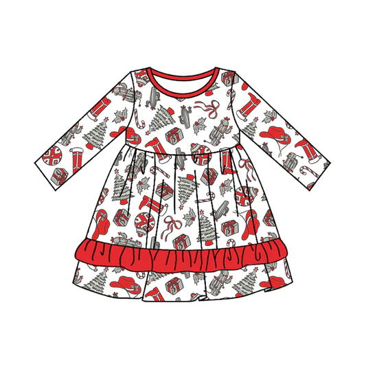 5.10 Preorder moq 5 Baby Girls Green Plaid Long Sleeves Candy Cane Bows Ruffle Knee Length Dresses