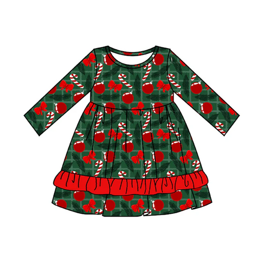 5.10 Preorder moq 5 Baby Girls Green Plaid Long Sleeves Candy Cane Bows Ruffle Knee Length Dresses