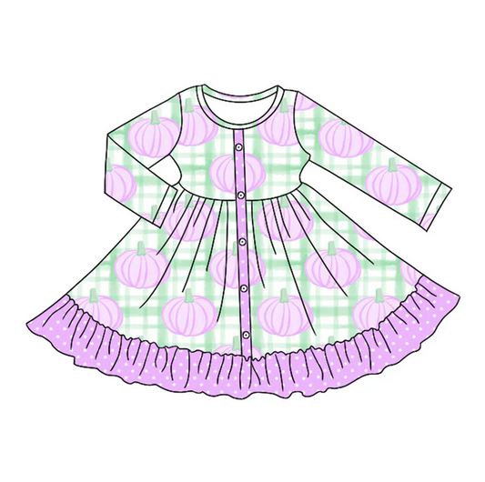 5.10 Preorder moq 5 Baby Girls Long Sleeves Aqua Plaid Pumpkins Button Ruffle Knee Length Dresses