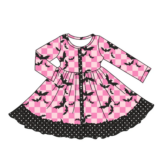 5.10 Preorder moq 5 Baby Girls Pink Plaid Long Sleeves Black Bats Button Ruffle Knee Length Dresses