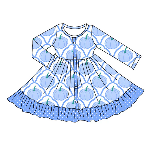 5.10 Preorder moq 5 Baby Girls Long Sleeves Blue Pumpkins Plaid Button Ruffle Knee Length Dresses