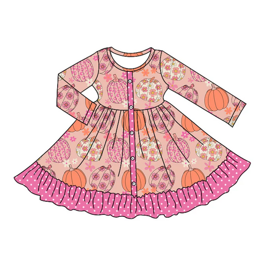 5.10 Preorder moq 5 Baby Girls Pink Long Sleeves Flowers Pumpkins Button Ruffle Knee Length Dresses