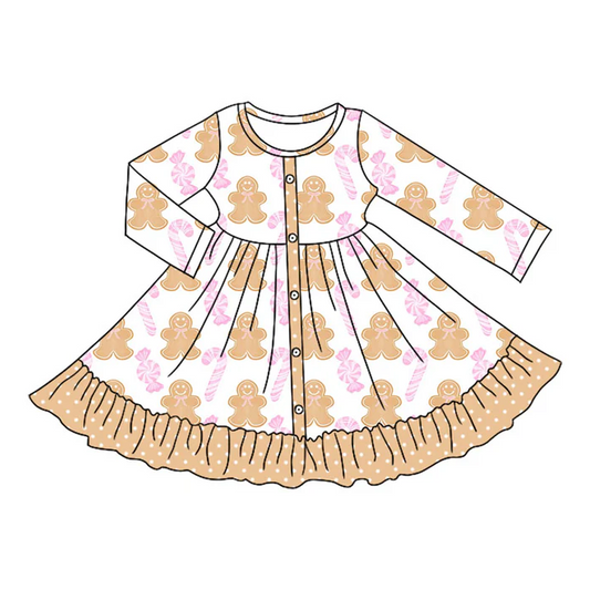 5.10 Preorder moq 5 Baby Girls Long Sleeves Gingerbread Candy Button Ruffle Knee Length Dresses