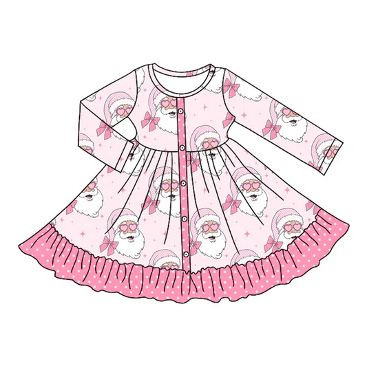 5.10 Preorder moq 5 Baby Girls Pink Long Sleeves Bows Santa Button Ruffle Knee Length Dresses