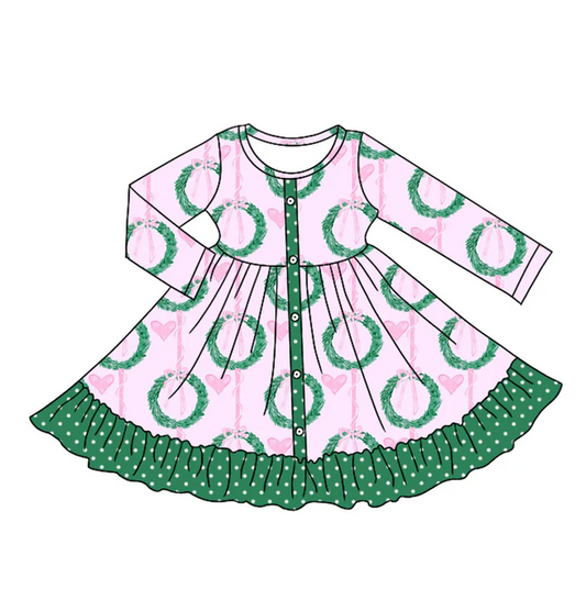 5.10 Preorder moq 5 Baby Girls Long Sleeves Green Garland Hearts Button Ruffle Knee Length Dresses