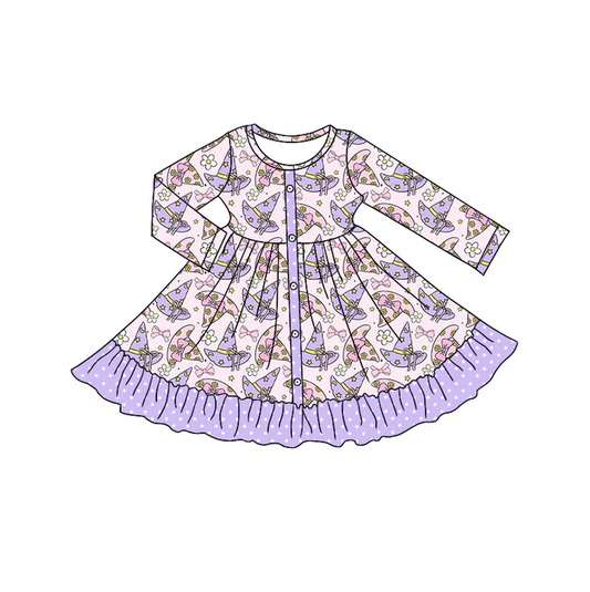 5.10 Preorder moq 5 Baby Girls Long Sleeves Lavender Magic Hats Button Ruffle Knee Length Dresses