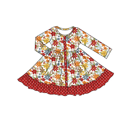 5.10 Preorder moq 5 Baby Girls Long Sleeves Red Yellow Flowers Button Ruffle Knee Length Dresses