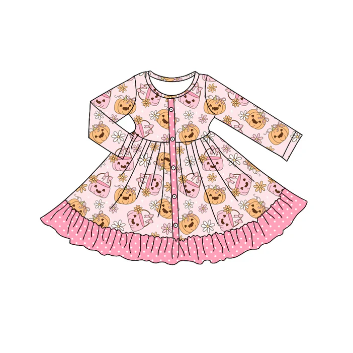5.10 Preorder moq 5 Baby Girls Pink Long Sleeves Flowers Pumpkins Button Ruffle Knee Length Dresses