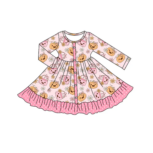 5.10 Preorder moq 5 Baby Girls Pink Long Sleeves Flowers Pumpkins Button Ruffle Knee Length Dresses