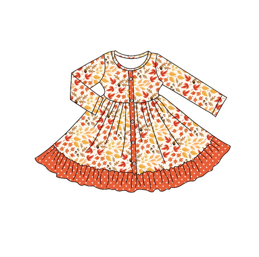 5.10 Preorder moq 5 Baby Girls Long Sleeves Maple Leaves Button Ruffle Knee Length Dresses