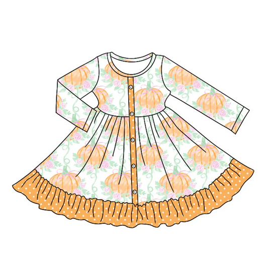 5.10 Preorder moq 5 Baby Girls Long Sleeves Pumpkins Flowers Button Ruffle Knee Length Dresses