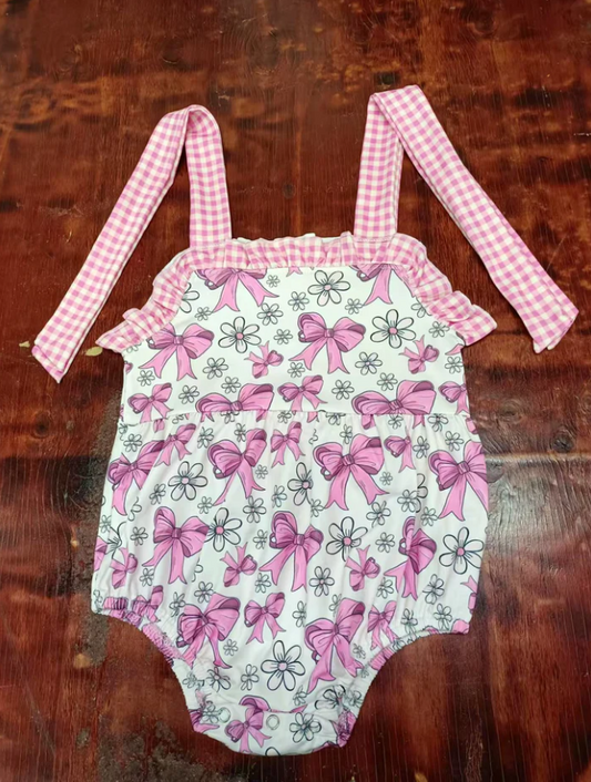 5.12 Preorder moq 5 Baby Girls Pink Plaid Strap Bows Flowers Ruffle Rompers