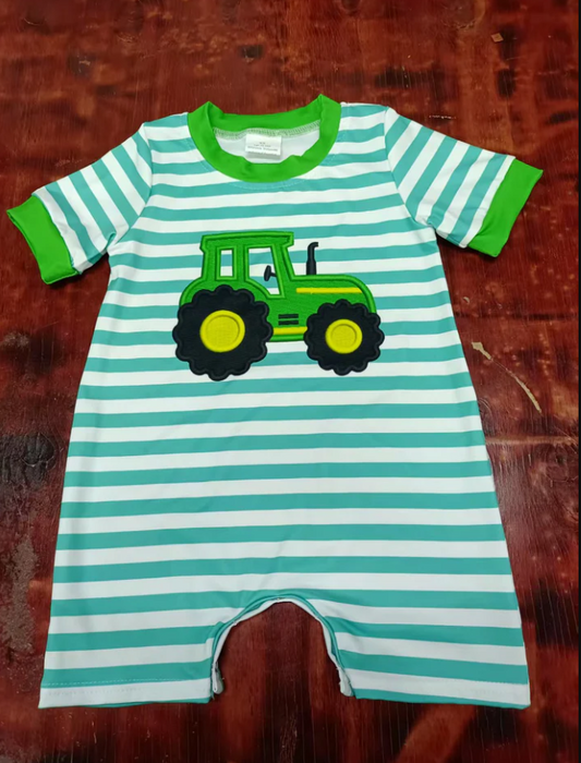 5.12 Preorder moq 5 Baby Boys Green Stripe Short Sleeves Truck Farm Pant Rompers