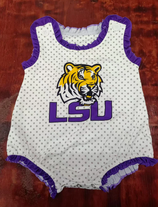5.12 Preorder moq 5 Baby Girls Sleeveless Polka Dots LSU Tiger Ruffle Rompers