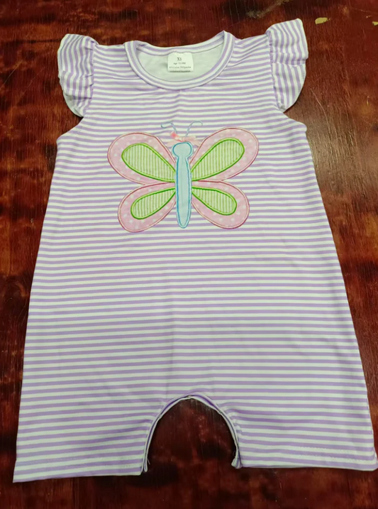 5.12 Preorder moq 5 Baby Girls Lavender Stripe Flutter Sleeves Butterfly Pant Rompers