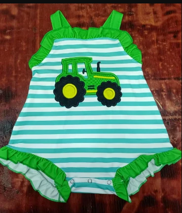 5.12 Preorder moq 5 Baby Girls Green Stripe Strap Truck Farm Ruffle Rompers