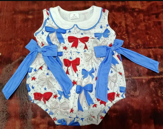 5.12 Preorder moq 5 Baby Girls Sleeveless Blue Red Bows Stars 4th Of July Ruffle Rompers