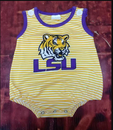 5.12 Preorder moq 5 Baby Boys Orange Stripe Sleeveless LSU Tiger Team Rompers