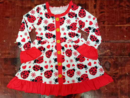 5.13 Preorder moq 5 Baby Girls Red Long Ruffle Sleeves Button Hearts Ladybird Knee Length Dresses