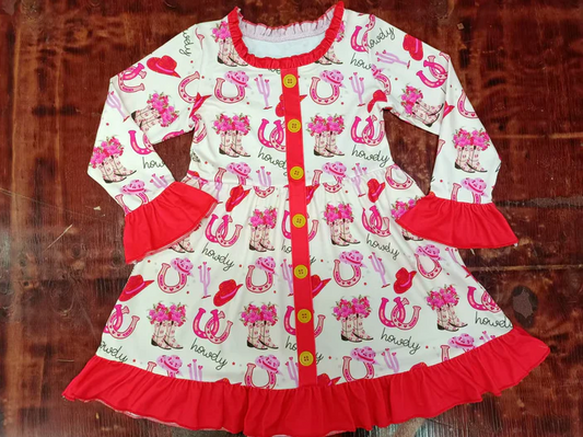 5.13Preorder moq 5 Baby Girls Red Long Ruffle Sleeves Button Boots Shoes Knee Length Dresses