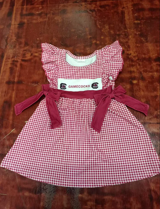 5.13 Preorder moq 5 Baby Girls Red Plaid Flutter Sleeves Gamecocks Bows Knee Length Dresses