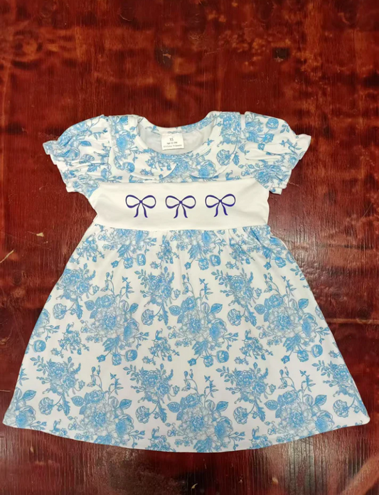 5.13 Preorder moq 5 Baby Girls Blue Short Ruffle Sleeves Bows Floral Knee Length Dresses
