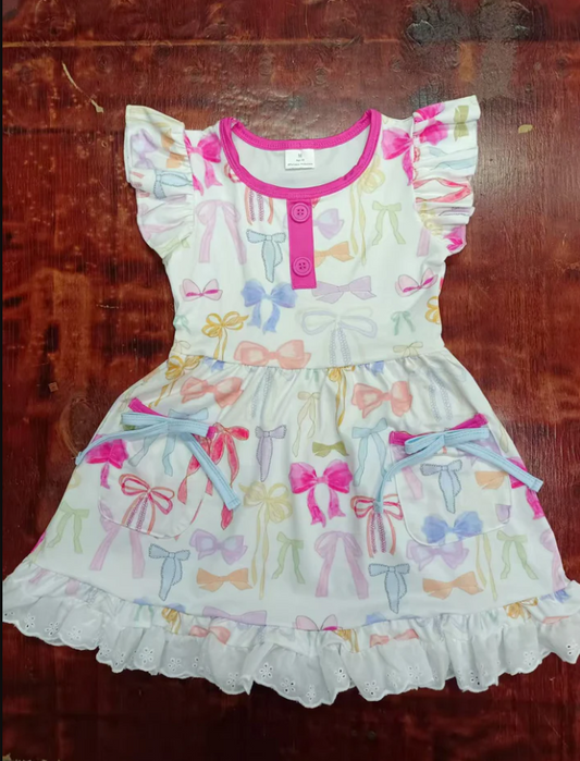 5.13 Preorder moq 5 Baby Girls Flutter Sleeves Button Colorful Bows Pockets Knee Length Dresses