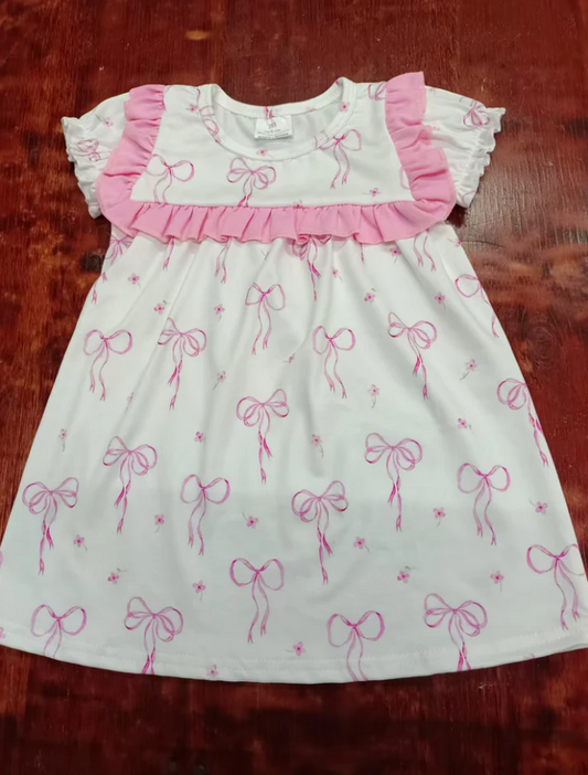 5.13 Preorder moq 5 Baby Girls Pink Short Ruffle Sleeves Flowers Bows Knee Length Dresses