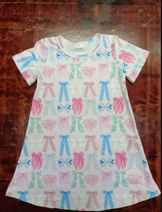 5.13 Preorder moq 5 Baby Girls Pink Short Sleeves Colorful Bows Knee Length Dresses