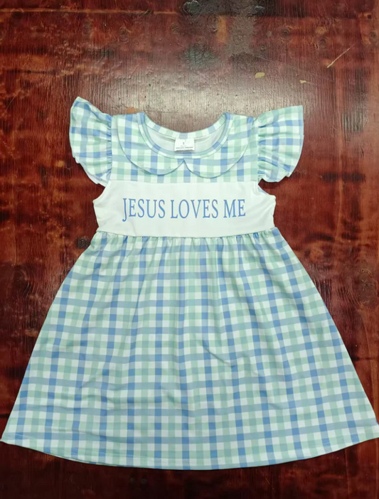 5.13 Preorder moq 5 Baby Girls Blue Plaid Flutter Sleeves Jesus Loves Me Knee Length Dresses