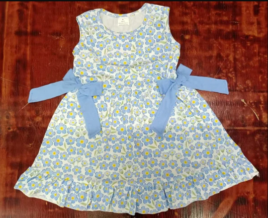 5.13 Preorder moq 5 Baby Girls Sleeveless Light Blue Floral Bows Knee Length Dresses