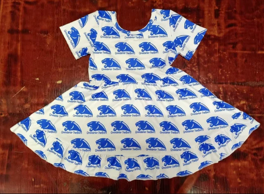 5.13 Preorder moq 5 Baby Girls Short Sleeves Blue Tigers Plaid Knee Length Dresses