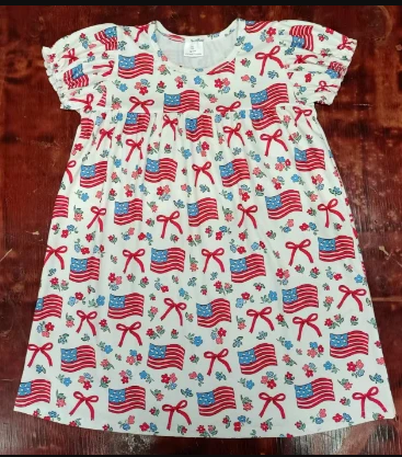 5.13 Preorder moq 5 Baby Girls Short Sleeves Flowers Flags Bows 4th Of July Knee Length Dresses